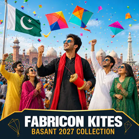 Friends celebrating Basant with colorful kites in Lahore, Pakistan
